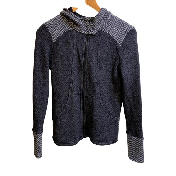 prana Women Jacket Medium Wool Blend Gray Black Herringbone Full Front Zip Hood - Picture 1 of 12